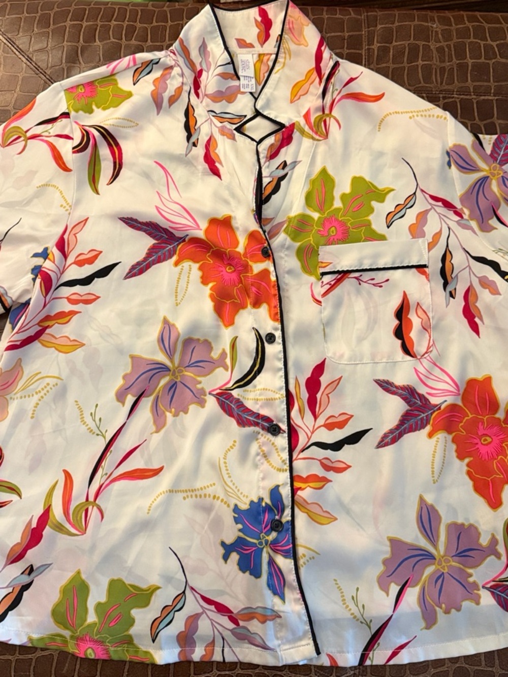Stars Above White Short-Sleeve Button-Down Shirt with Multicolor Floral Print